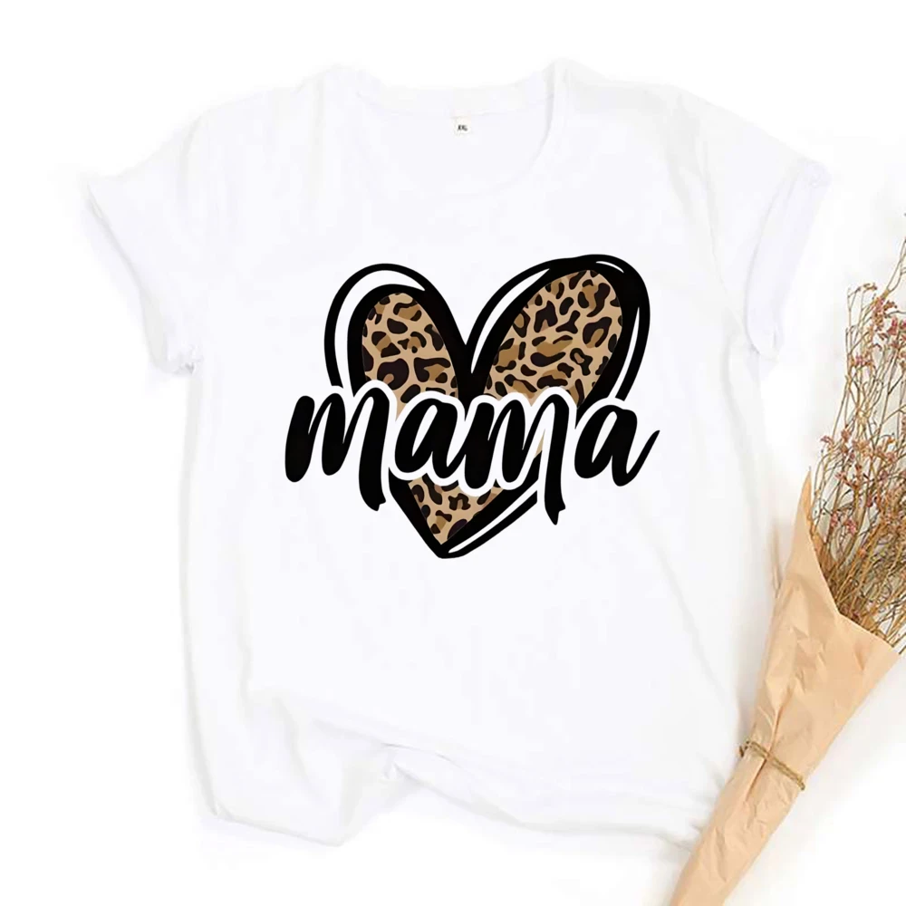 Stylish MOM&MIMI Matching Shirts Casual Short Sleeve Family Tops Leopard Heart Print Comfortable Family Outfits