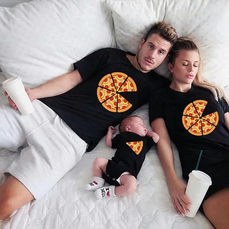 Summer Family Matching Clothes T-shirt Father Mother Daughter Son Funny Pizza Print Short Sleeve Dad Mom Baby Matching Tshirt