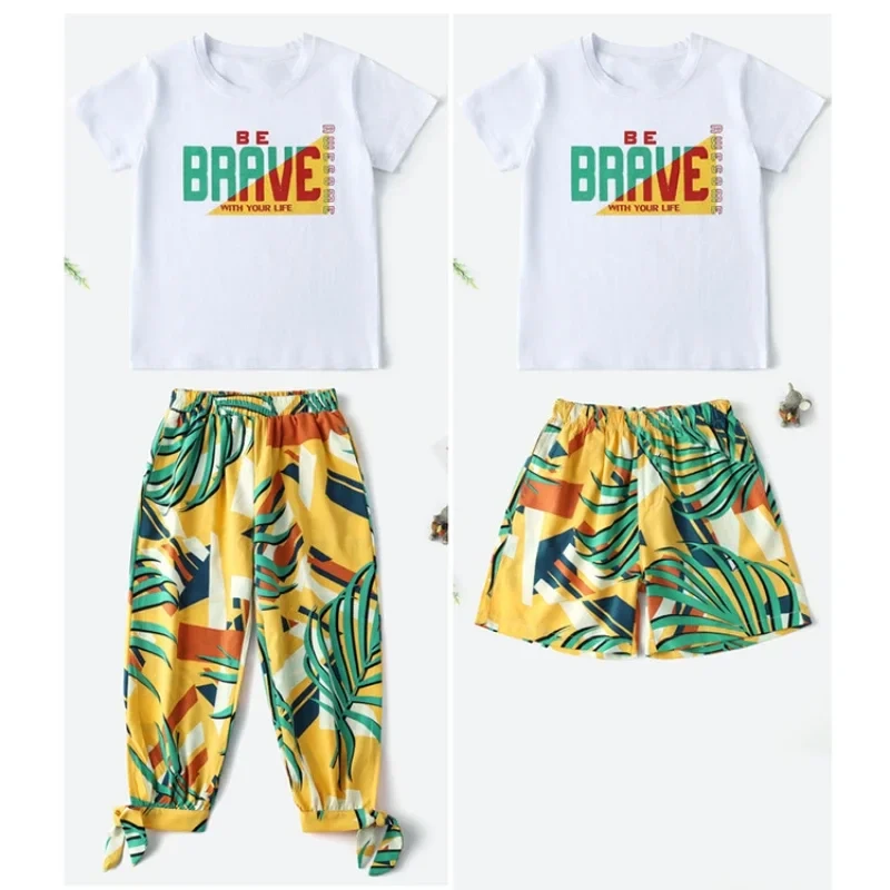 Summer Beach Vacation Family Matching Set Mom Daughter Sleeve T-Shirt Cropped Pants Kids Clothes Outfit Whole Family Look Short